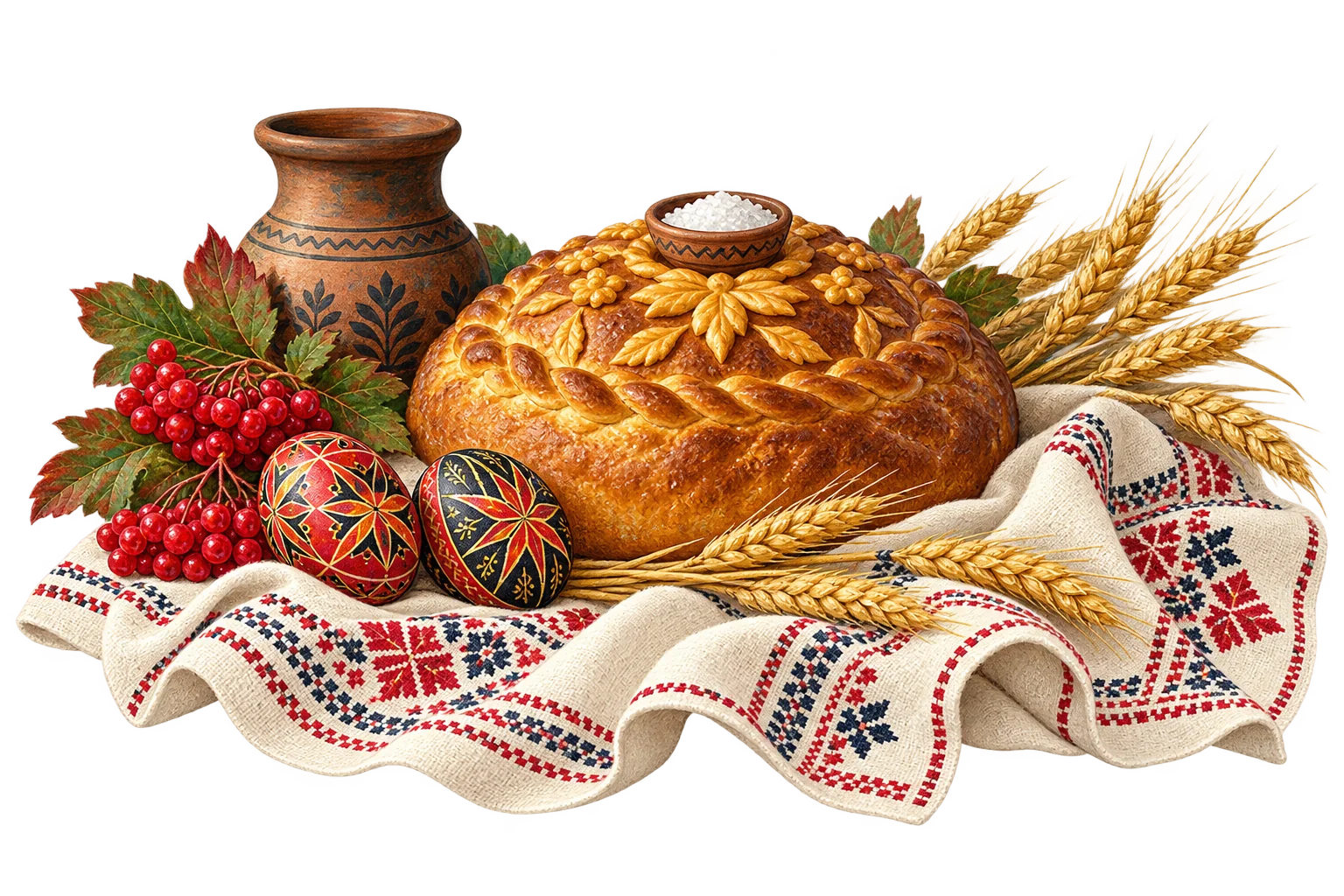 Brot und Salz auf einem bestickten Tuch mit Ostereiern und Kalyna